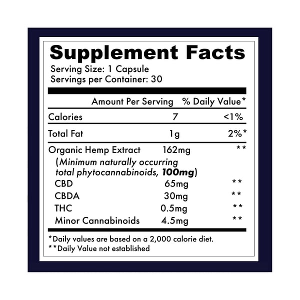 100mg Organic Full Spectrum Raw CBDA+CBD Capsules - Supplement Panel