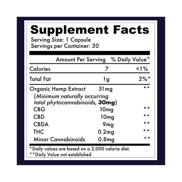 30mg Organic Full Spectrum CBG+CBD+CBDA Capsules - Supplement Panel